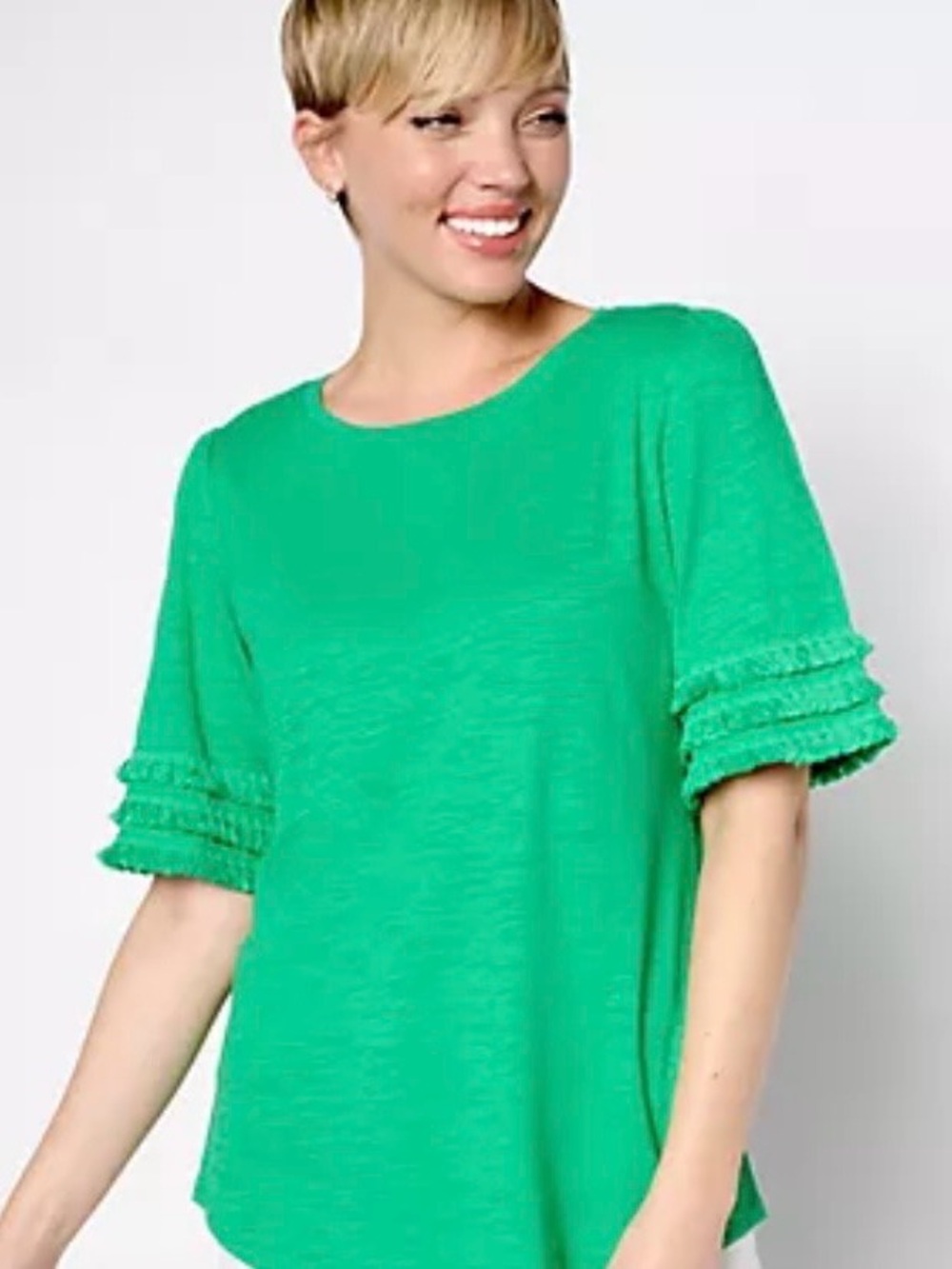 Belle by Kim Gravel Bright Green Ruffle Sleeve Short-Sleeve Top